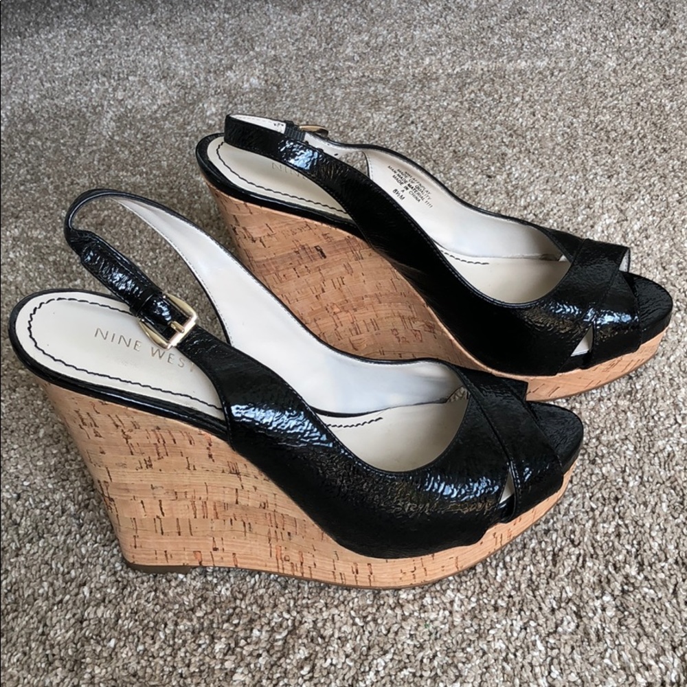 Nine West Black Patent & Cork Wedge Heels